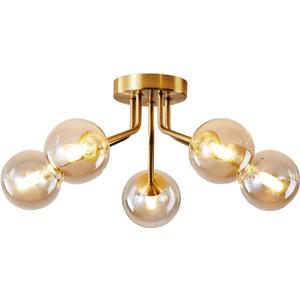 Modern Sputnik Chandeliers 5 Light Gold Semi Flush Mount Ceiling Light Fixture Pendant Lamps Bulb with Glass Globe Lighting for Bedroom Kitchen Living Dining Room Office