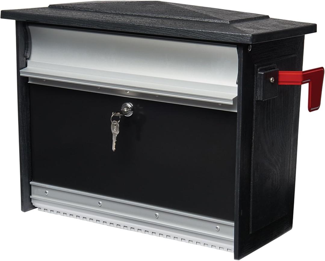 Architectural Mailboxes MailSafe Locking, Wall-Mounted Mailbox for Outside, Rust-Resistant Plastic & Aluminum Metal Small Mail Box with Lock and Key Drop Box, Black