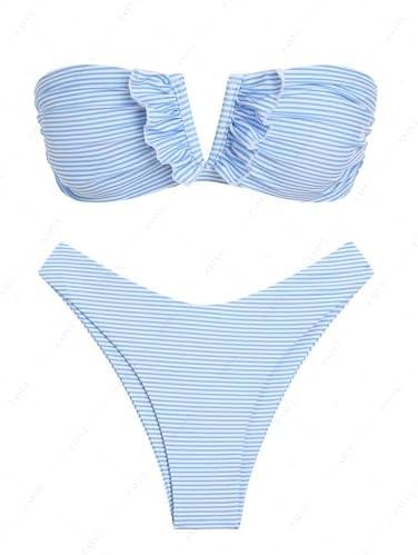 ZAFUL Women's Strapless Ribbed V Wired Lace Up Ruffle Tie High Cut Bandeau Swimsuits Bikini Set, M