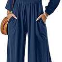 Dokotoo Women's Casual Loose Overalls Jumpsuits One Piece Long Sleeve Wide Leg Long Pant Rompers With Pockets,XXL