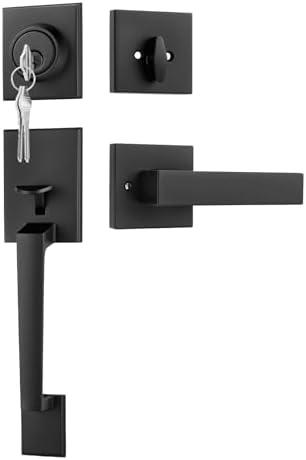 Goldenwarm Front Door Handle and Deadbolt Set, Black Front Door Lock Set with Reversible Handle Lever, Modern Front Door Hardware, Single Cylinder Front Door Entry Lock, Front Door Handles and Locks