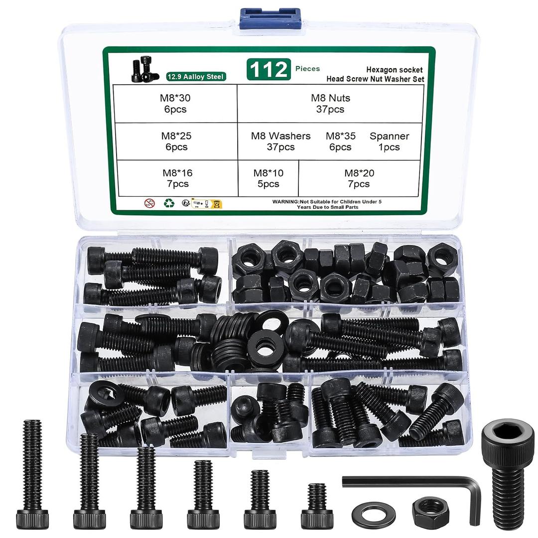 112 Pcs M8 Metric Screw Set, M8 Hex Socket Head Cap Screws Nuts and Washers Assortment Kit, Metric Bolts and Nuts Kit, 12.9 Carbon Steel Black Assorted Machine Screw Assortment Kit