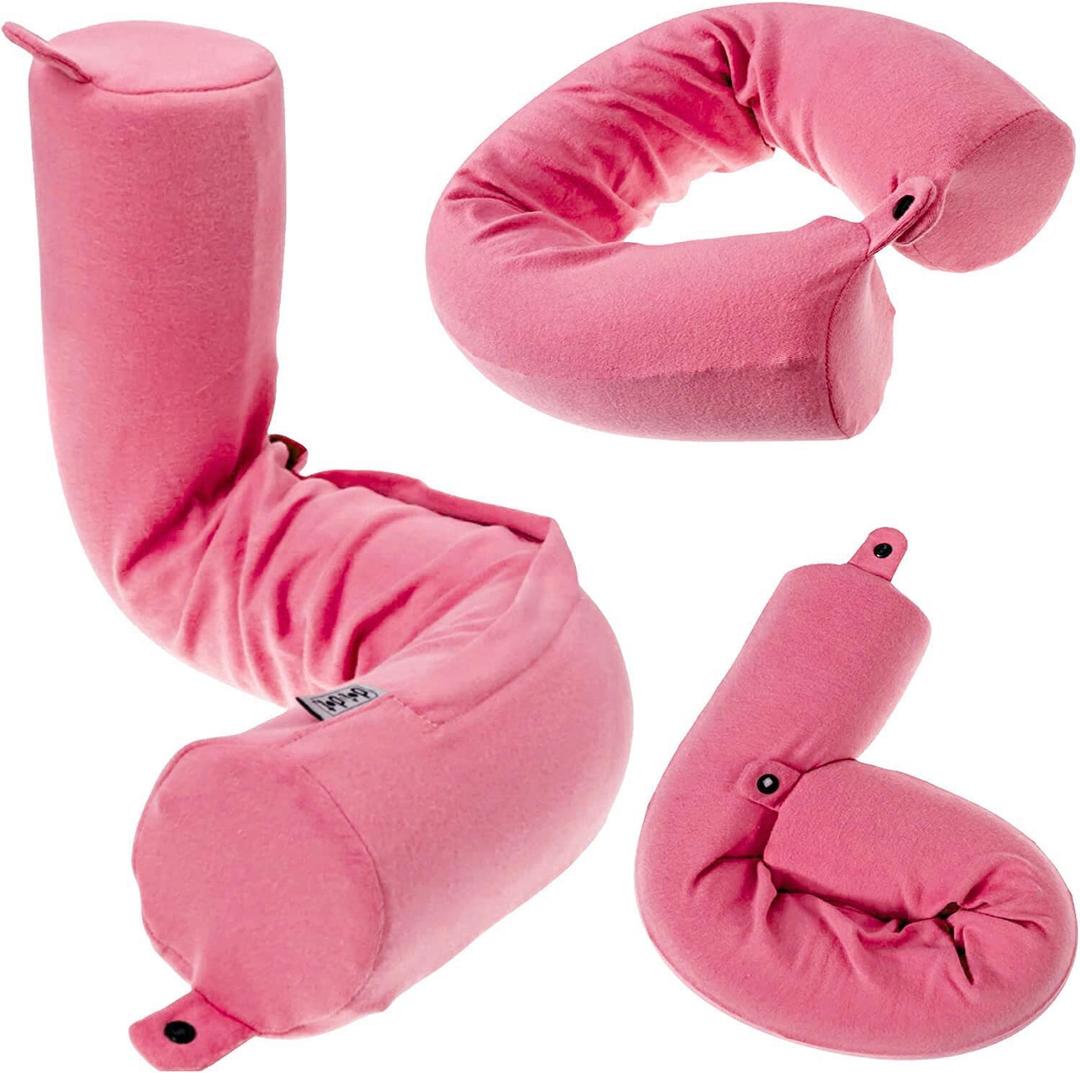Dot&Dot Twist Memory Foam Travel Pillow for Airplanes - Travel Neck Pillow for Sleeping - Airplane Pillow for Neck Support, Chin, Lumbar and Leg - Bendable Neck Roll Pillow Travel Essentials (Pink)