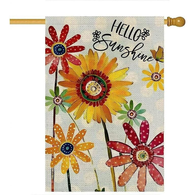 Summer Flowers House Flags for Outdoor, Hello Sunshine Sunflower Daisy Yard Flags for Outside,Seasonal Decorative Flag for Farmhouse Holiday Decoration 28x40 Inch Double Sided
