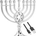 The Dreidel Company Traditional LED Electric Silver Mettalic Hanukkah Menorah -Full Size 13 Inches High 3 AA Battery or USB Powered - Includes a Micro USB 4' Charging Cable
