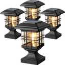 Solar Post Lights Outdoor Solar Cap Lights Deck Fence Cap for 4x4 5x5 6x6 Posts Patio Garden Courtyard Bright Decoration Fixture Waterproof Warm White Lighting Black (4Pack)