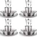 Odoland Stainless Steel Camping Mess Kit for Family & Person, Cooking Tableware Utensils with Plates Bowls Forks Spoons Knives & Savings Bag for Camping, Backpacking, Hiking, Picnic