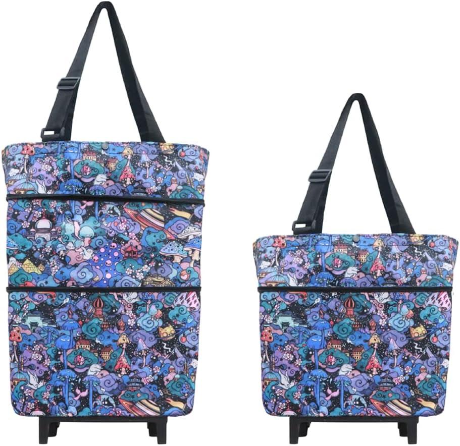 Folding Shopping Bag with Wheels, Small Rolling Folding Grocery Cart on Wheels, Collapsible Wheeled Portable Rolling Tote Bag for Groceries Shopping Cart