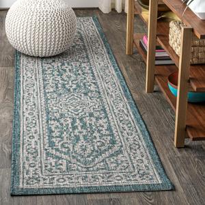JONATHAN Y Medallion Weave Indoor Outdoor Runner Rug 2X10 Teal Blue/Gray, Sinjuri Textured for Backyard, Patio, Porch, Easy-Cleaning, High Traffic, Pet-Friendly, Non-Shedding (SMB101C-210)