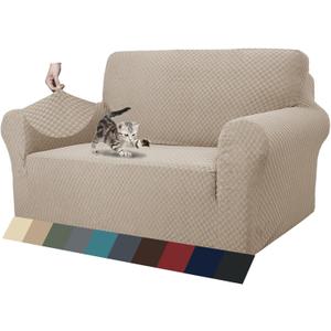 ZNSAYOTX 1 Piece Jacquard Couch Covers for 2 Cushion Couch High Stretch Loveseat Slipcover for Pets Dogs Anti Slip Love Seat Sofa Slipcover Furniture Protector (Loveseat, Khaki)