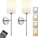 Battery Operated Wall Sconces Set of Two,Wireless Rechargeable Wall Light With Remote Control, Dimmable, Amber Light/Warm White/Natural White/Daylight/RGB,Timer,for Living Room,Bedroom,Entryway,Chrome