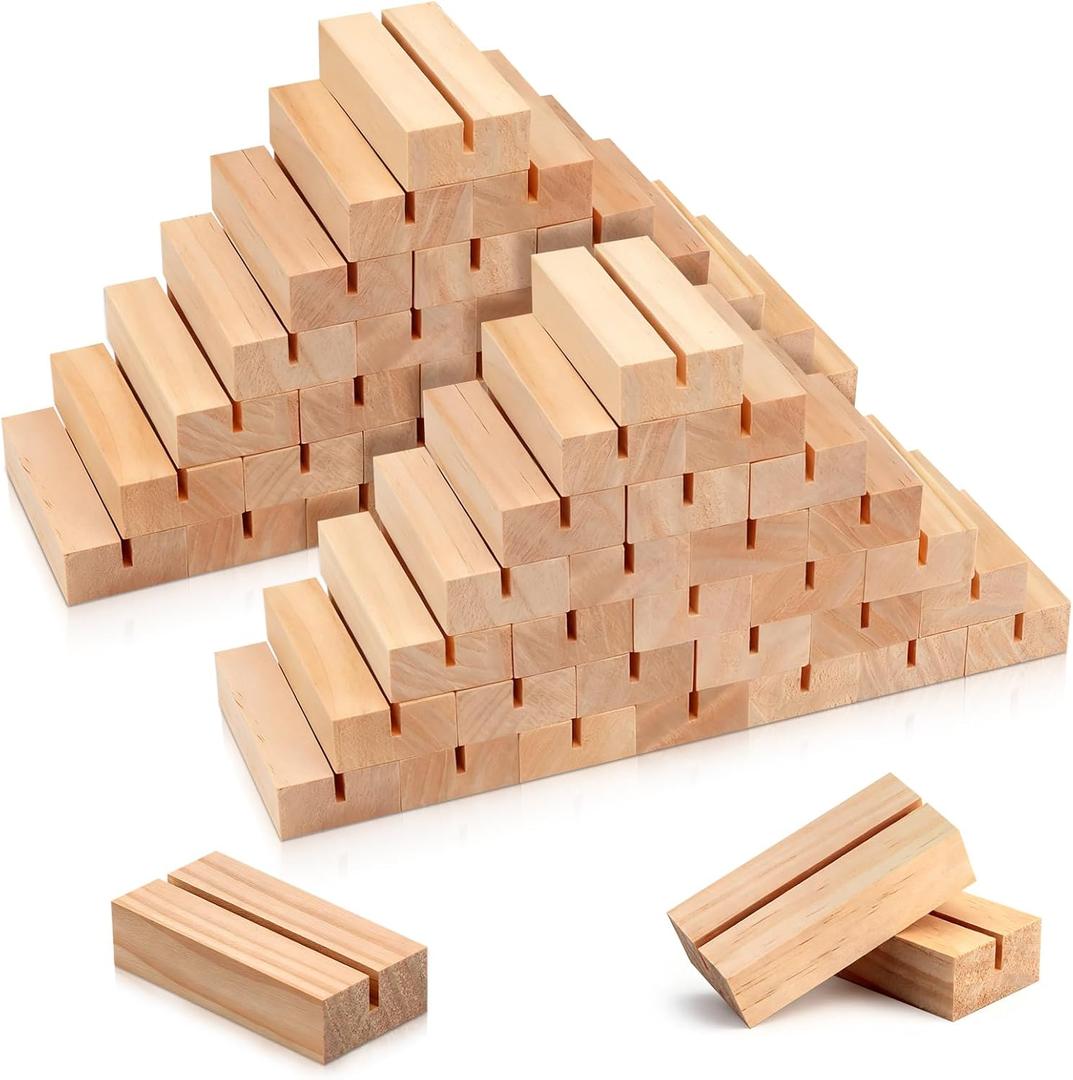 FSWCCK 50 Pieces Wood Place Card Holders Wood Table Number Stands Picture Holder Acrylic Sign Holders for Ceremony Birthday Party Home Decoration