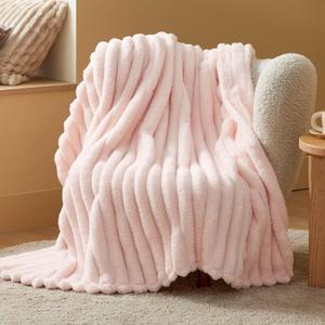 Bedsure Pink Throw Fluffy Blanket for Bed - 350GSM Super GentleSoft Fuzzy Cozy Plush Blankets for Women, Cute Small Fleece Throws for Girls, 50x60 Inches, Wider Striped Design (01 - Crystal Pink)