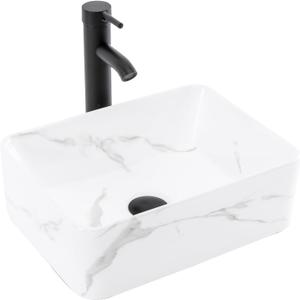 Bathroom Vessel Sink Combo with Faucet and Pop-up Drain, 16" x 12" Rectangular Porcelain Ceramic Basin with White Marble Pattern, Above Counter Sink for Vanity