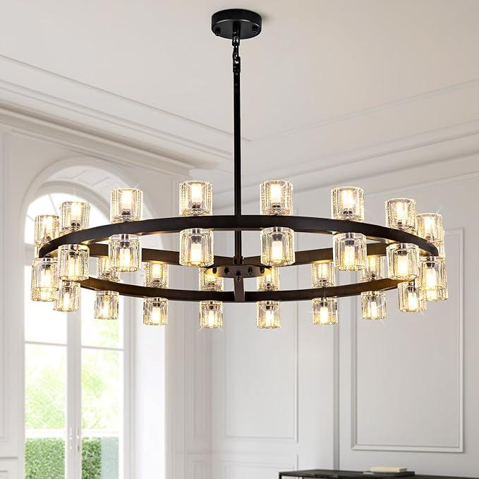 36-Light Large Black Chandeliers for High Ceilings, 36 Inch Crystal Wagon Wheel Chandelier, Farmhouse Industrial Round Chandelier Pendant Lighting Fixture for Dining Living Room Kitchen Island