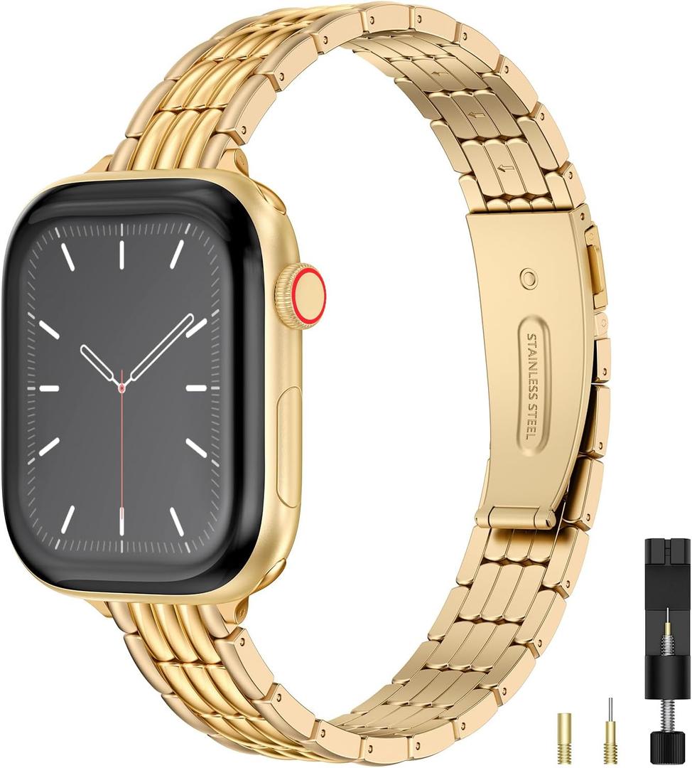 Wearlizer Slim Metal Band Compatible with Apple Watch Bands for Women, Dressy Stainless Steel Strap Gold Silver Bracelet for iWatch, Size: 40/38/41/42mm(Series 11/10)