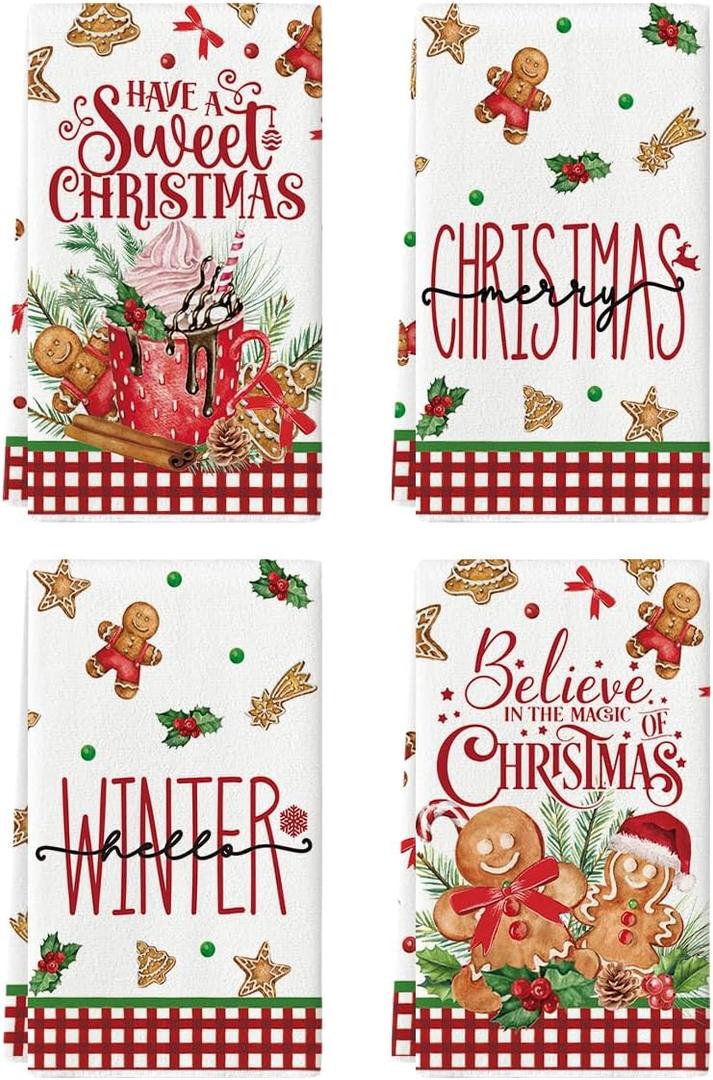 Artoid Mode Gingerbread Have A Sweet Christmas Kitchen Towels Dish Towels, 18x26 Inch Daily Holly Winter Decoration Hand Towels Set of 4
