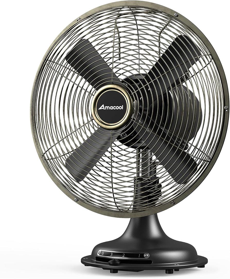AMACOOL Oscillating Vintage Fan, All Metal 8" Retro Table Top Fan, Adjustable Head Tilt, Quiet 3 Speeds Plug-In Desk Fan for Bedroom Home Office & Kitchen (Black)
