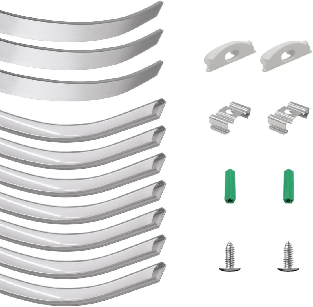 10-Pack Bendable LED Channel, 3.3ft/1M Flexible Aluminum LED Strip Channel with Frosted White Diffuser Cover, Recessed Mount LED Light Track for 12.5mm Wide Tape Light, Curved Wall, Ceiling, Cabinet