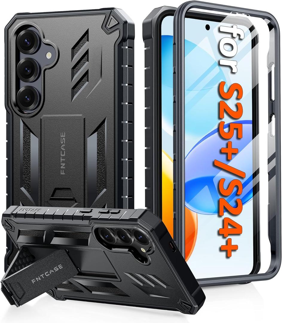 FNTCASE for Samsung Galaxy S25-Plus Case: for Samsung S24-Plus Case Military Grade Drop Proof Protection Mobile Cover with Kickstand | Matte Rugged Shockproof Protective Sturdy Phone Case (Black)