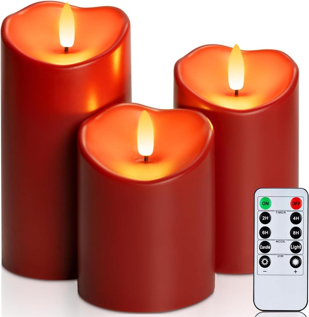 Homemory Burgundy Flameless Candles, Waterproof Flickering Flameless Candles, Outdoor Battery Operated LED Pillar Candles with Remote Timer, Electric Fake Plastic Candles, D3 x H4 5" 6", Red, 3 Pack
