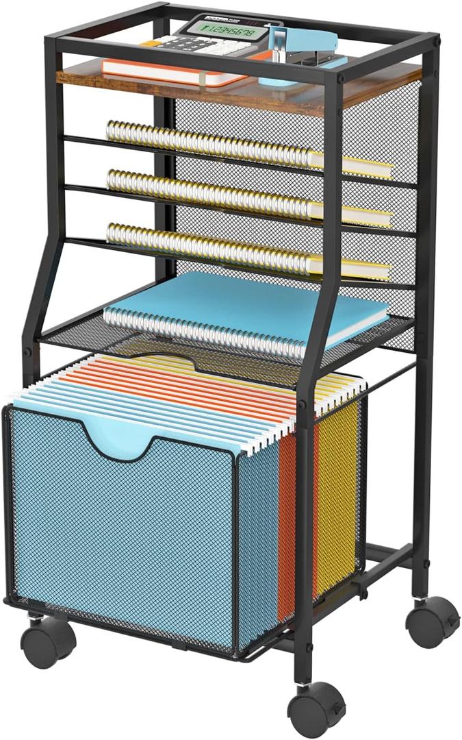 Rolling File Cart, 6-Tier Under Desk Organizer on Lockable Wheels, Brown Wood Planks & Mesh File Cart with Sliding Drawer and Paper Trays for Office Home School, 14.8" L x 11.8" D x 27.7" H (Brown Board)