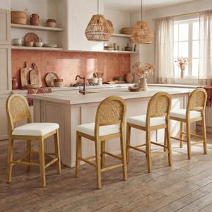 Rattan Counter Height Bar Stools Set of 2, Upholstered Farmhouse Barstools with Natural Rattan Back, Wooden Legs for Kitchen Island, Walnut/Linen