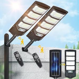 2 Pack Solar Street Lights Outdoor Waterproof 6500K 12000LM 5730SMD LEDs Solar Flood Lights Dusk to Dawn Parking Lot Light Wide Motion Sensor and Remote Control for Area Lighting Yard