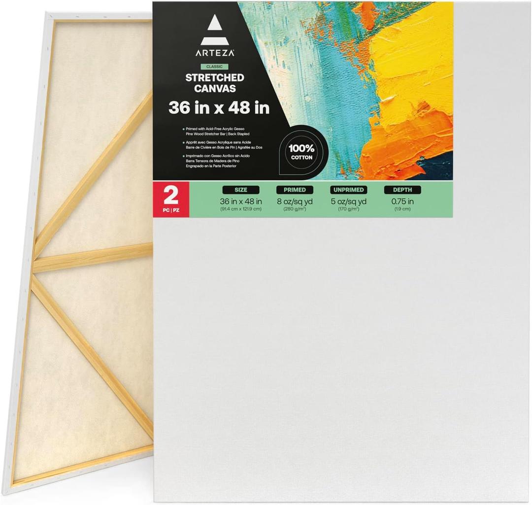 ARTEZA Stretched Canvas, 36 x 48 Inches, Pack of 2, Blank White Large Canvas for Painting for Acrylic, Oil and Gouache Paints