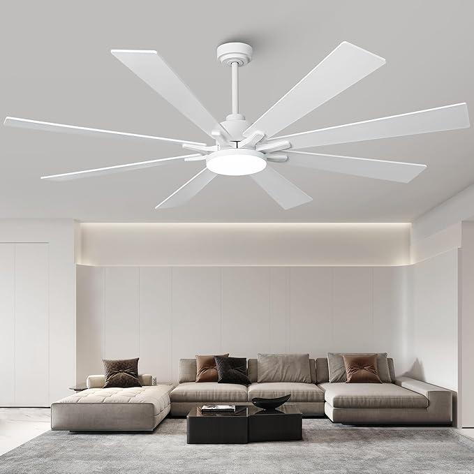 72 Inch Modern Ceiling Fans with Lights and Remote Large Airflow Ceiling Fan,Dimmable Lighting, Reversible DC Motor, Noiseless, Indoor Outdoor Use for Living Room, Office, Garage, Matte White