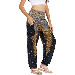 LOFBAZ Harem Yoga Pants for Women Hippie Boho PJs Lounge Beach Print Plus (Medium, Peacock 1 Black)