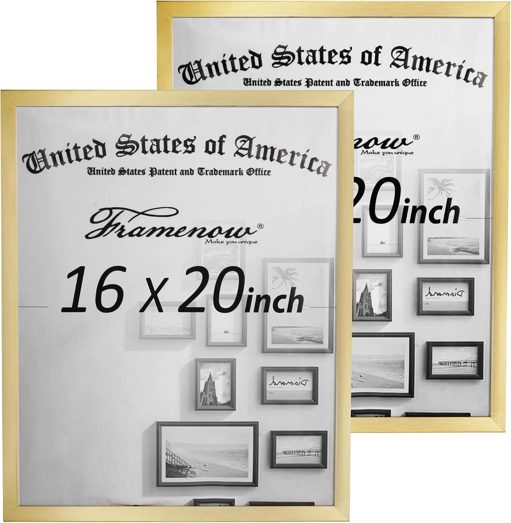 16x20 Picture Frames 2 Pack Hatter-Resistant Plexiglas Display Photo Frames, Vertical & Horizontal Wall Hanging Home Decor Gold