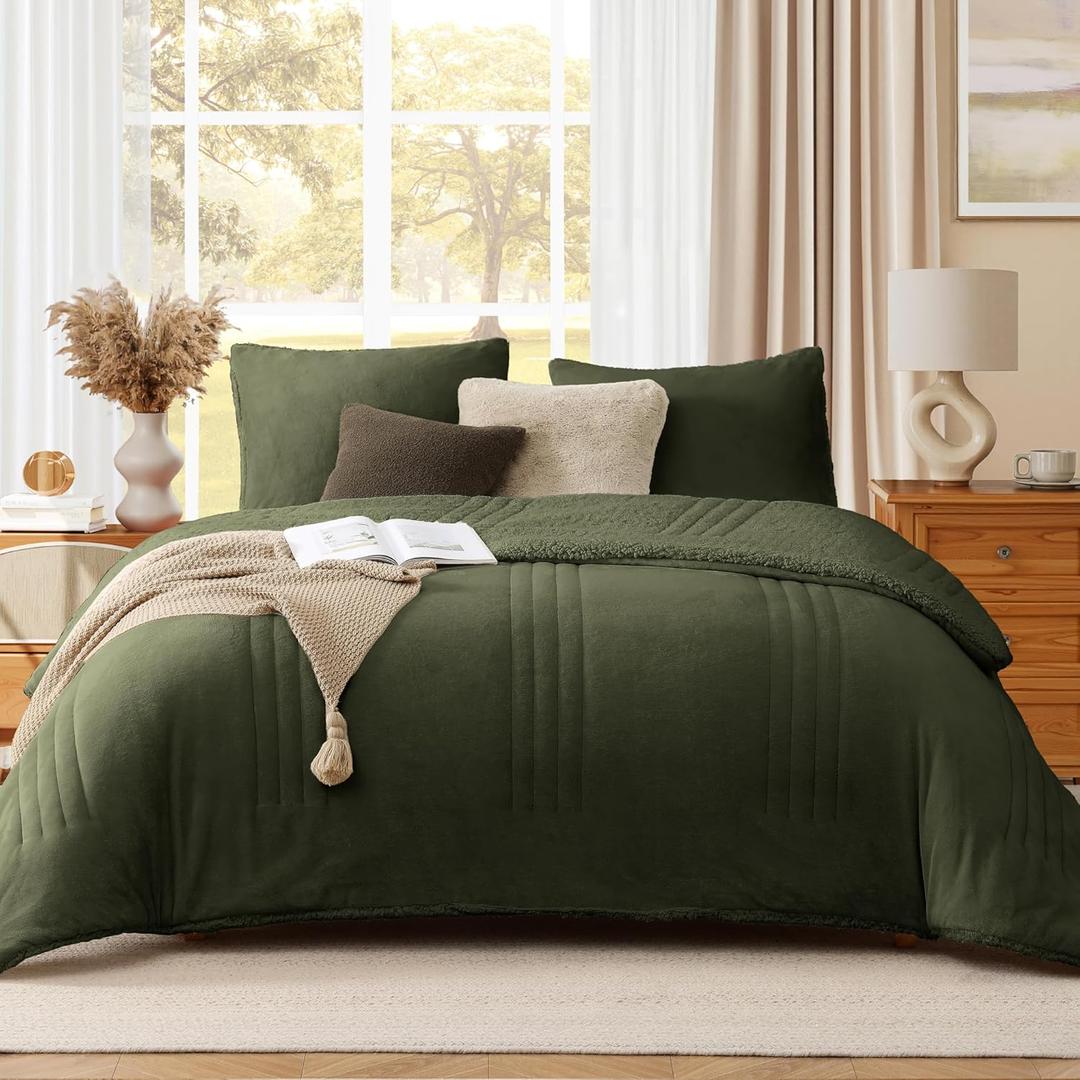 Monbix Fluffy Queen Comforter Set Olive Green, Sherpa Plush Fuzzy Comforter 3 Piece for Queen Size Bed, Luxury Soft Winter Warm Bedding Set