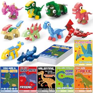 Valentines Day Cards for Kids School  30 PACK Dinosaur Building Block Valentines with Dinosaur Valentine Day Cards for Kids Classroom, Class Valentine's Gifts for Boys & Girls Ages 3–12, 120 PCS