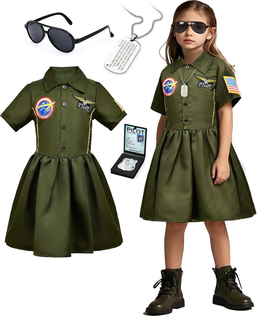 Latocos Girls Pilot Dress Costume Toddler Kids Military Aviator Fighter Suit with Sunglasses Necklace Halloween Career Day (100)