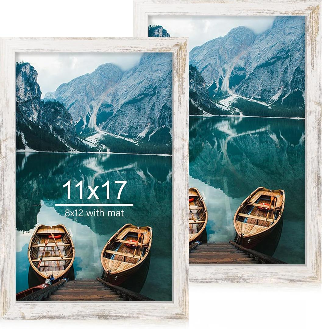 11x17 Frame Set of 2, Distressed White Wood Style - Display 11 x 17 Poster without Mat or 8x12 Picture with Mat, Wall Mounting Horizontal and Vertical Grey