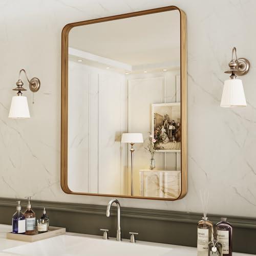 LOAAO 22X30 Inch Bathroom Mirror with Wood Grain Colored Metal Frame, Rounded Rectangle Metal Framed Bathroom Mirror, Anti-Rust, Hangs Horizontally or Vertically