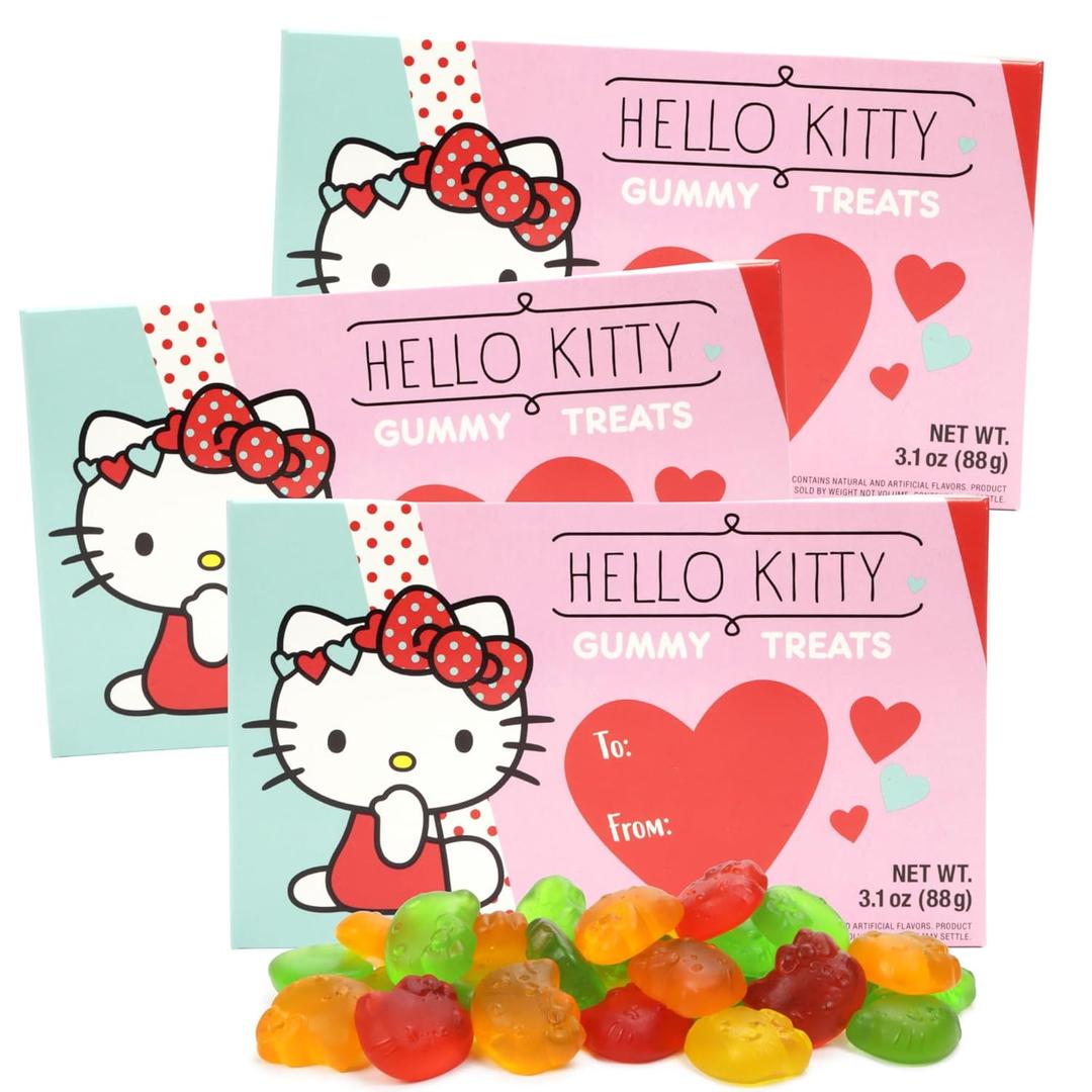 Valentine's Day Hello Kitty Gummies, Assorted Fruit Flavored, Theatre Box with To/From Section, Seasonal Candy Gift, 3.1 Ounce (Pack of 3), BBD: 05/14/2027