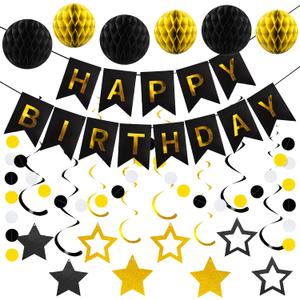 Black Gold Birthday Party Decorations Happy Birthday Banner with Honeycomb Balls Stars Hanging Swirl Streamers Buntings Circle Dots Garland for Birthday Party