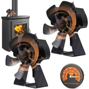 Flanagan 2 PCS Fireplace Fans, 6 Blades Stove Fan,7in Log Burner Fan Heat Powered Fireplace Fan for Wood Burning Stove/Log Burner/Fireplace(Include Magnetic Thermometer) (6 Blades)