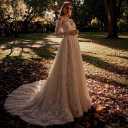 Women's Elegant Off-Shoulder Wedding Dress with French Lace Long Sleeves Floor-Length A-Line Bridal Gown for Engagement (White)