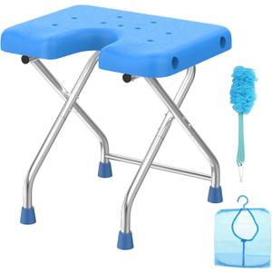 U-Shaped Folding Shower Chair, 17.3"Stainless Steel Shower Stool for Inside Bathtub, 450lbs Non-Slip Portable Travel Foldable Bath Seat for Elderly, Seniors, Disabled, Tool-free Assembly, Blue