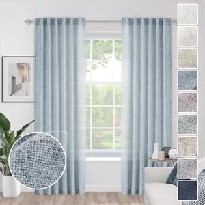 Blue Linen Sheer Curtains 72 Inches Long for Living Room 2 Panel Set Back Tab Light Filtering Privacy Farmhouse Faux Linen Blend Curtain Drapes 72 Length for Window Cabin, Aesthetic Neutral Decor