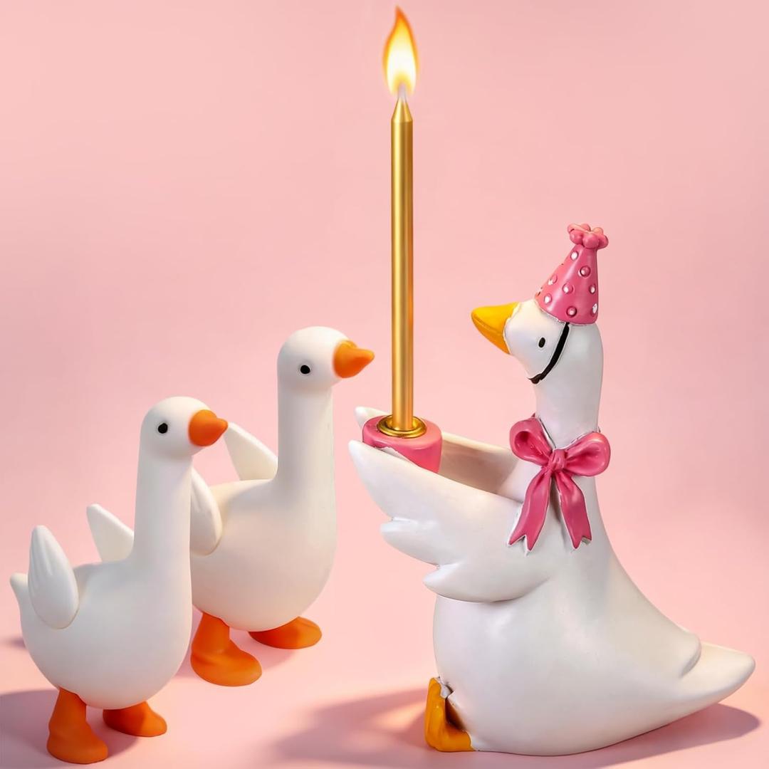 FoldTier Goose Cake Candle Holders with Birthday Candle and 2 Mini Silly Goose Figurines Birthday Party Supplies Cute Rubber Figurines Cake Topper Stand Candlestick for Party Celebration(Pink)