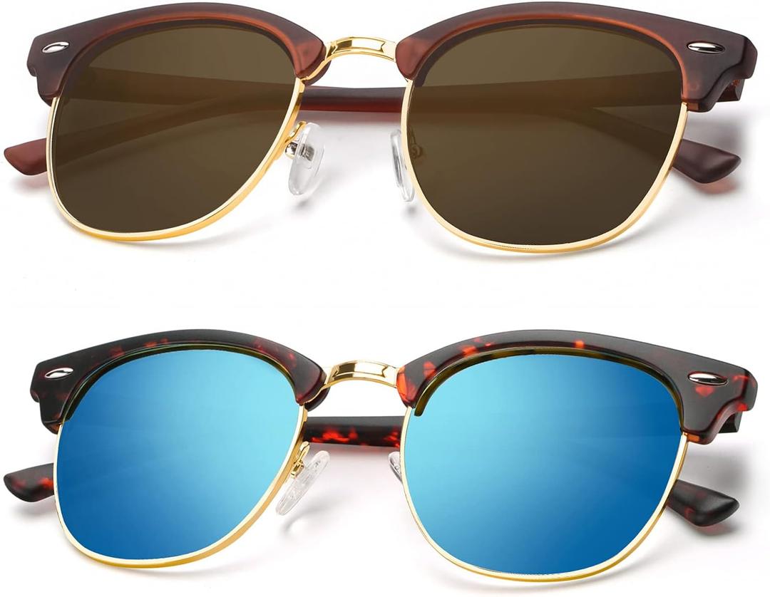 KALIYADI Polarized Sunglasses for Men and Women Semi-Rimless Frame Driving Sun glasses UV Blocking (A13-(2 Pack) Matte Tortoise | Blue | Golden Rim / Matte Brown | Brown | Golden Rim)