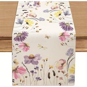 Watercolor Purple Floral Spring Table Runner ,Seasonal Butterfly Flower Summer Table Decoration for Kitchen Dinning Home Party 13x60 Inch