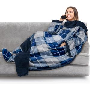 PAVILIA Sherpa Blanket with Sleeves, Foot Pocket for Women Men Adults, Thick Wearable Blanket Throw Wrap, Fleece Warm Snuggle Blanket Robe, Cozy Gift Ideas Wife Mom, Plaid Blue