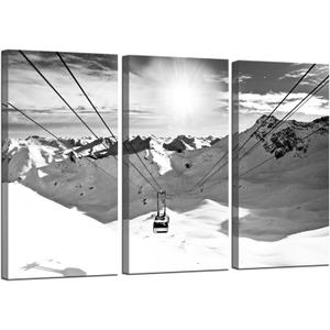 Biuteawal 3 Piece Winter Wall Art Black and White Ski Lift at Sunshine Pictures Canvas Print Snow Mountain Landscape Painting Artwork for Home Living Room Decor Framed Ready to Hang