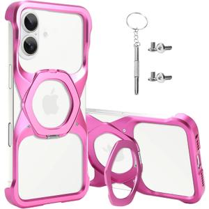 Frameless Phone Case Compatible with iPhone 16 Plus Minimalist Phone Case Magnetic Kickstand Metal Frameless Protective Shock Case (Megalith) Hot Pink