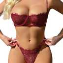 Dlsave Sexy Lingerie for Women Eyelash Lace Mesh Matching Bra and Panty Sets Push Up Lace Bralette 2 Piece Lingerie Set (Large, Burgundy)